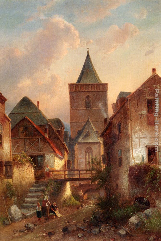 View In A German Village With Washerwomen painting - Charles Henri Joseph Leickert View In A German Village With Washerwomen art painting